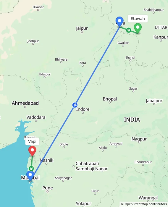 Route map showing distance and travel time from Etawah, India to Vapi, India