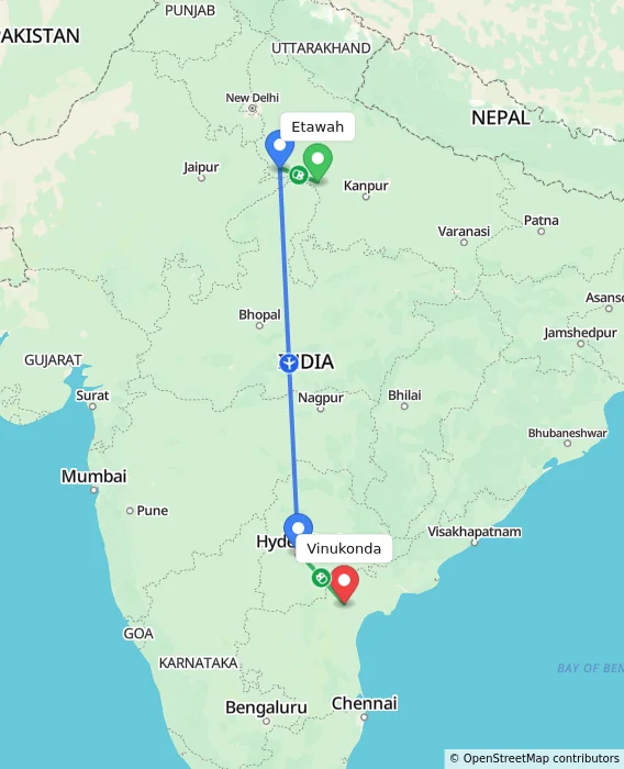Route map showing distance and travel time from Etawah, India to Vinukonda, India