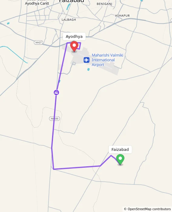 Route map showing distance and travel time from Faizabad, India to Ayodhya, India