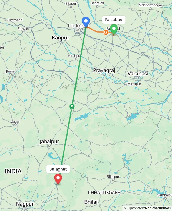 Route map showing distance and travel time from Faizabad, India to Balaghat, India