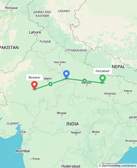 Route map showing distance and travel time from Faizabad, India to Beawar, India