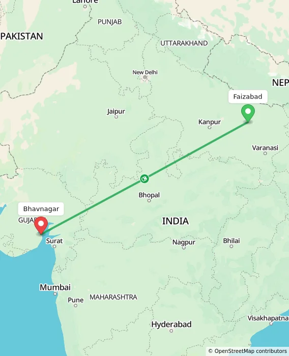 Route map showing distance and travel time from Faizabad, India to Bhavnagar, India