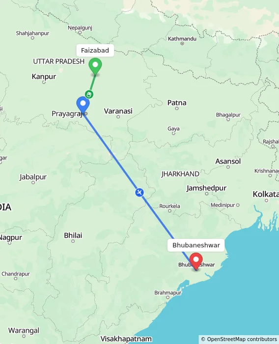 Route map showing distance and travel time from Faizabad, India to Bhubaneshwar, India