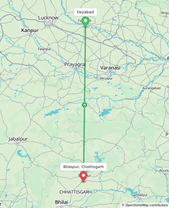 Route map showing distance and travel time from Faizabad, India to Bilaspur, Chattisgarh, India
