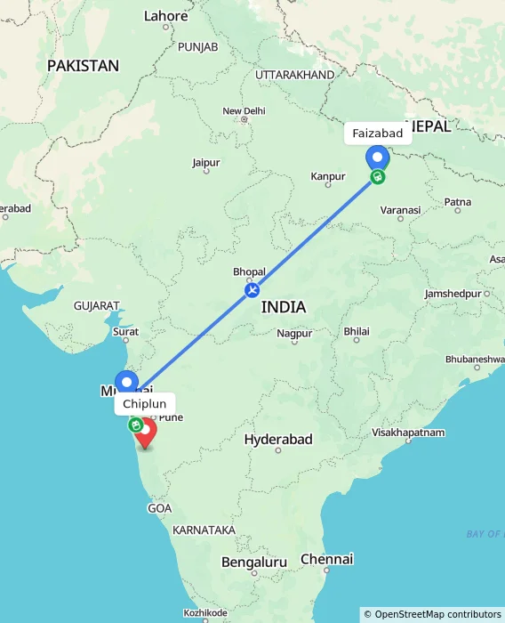 Route map showing distance and travel time from Faizabad, India to Chiplun, India