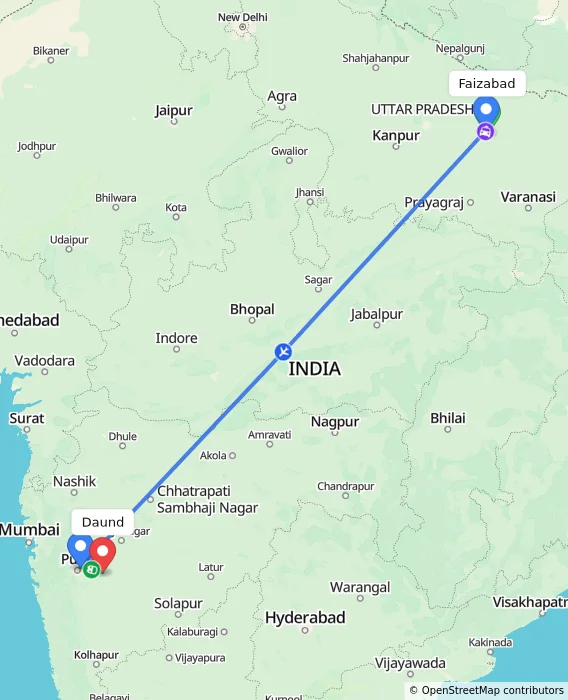 Route map showing distance and travel time from Faizabad, India to Daund, India