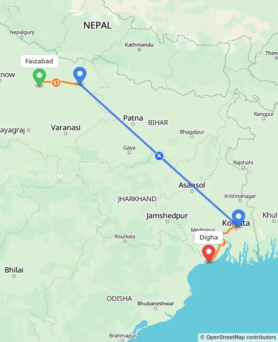 Route map showing distance and travel time from Faizabad, India to Digha, India