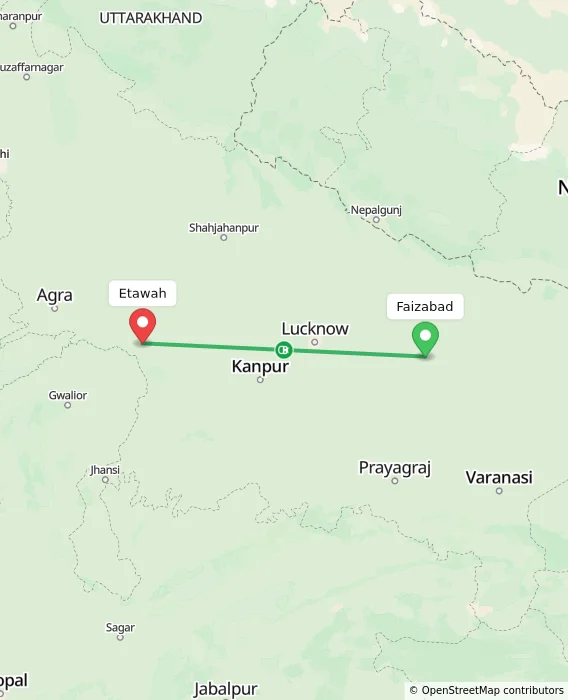 Route map showing distance and travel time from Faizabad, India to Etawah, India