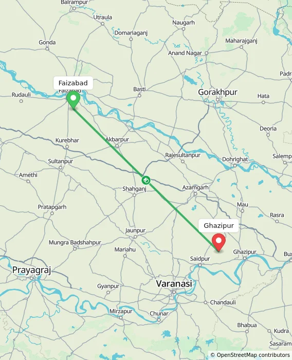 Route map showing distance and travel time from Faizabad, India to Ghazipur, India