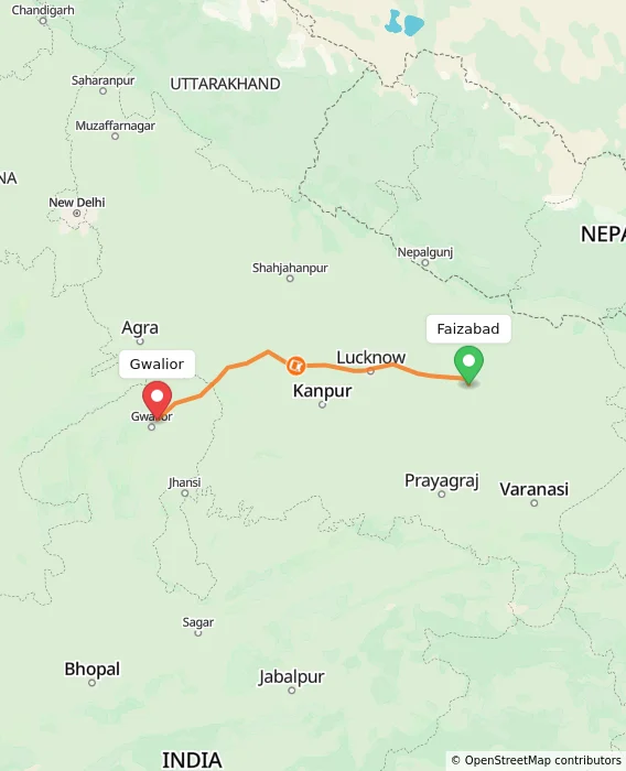 Route map showing distance and travel time from Faizabad, India to Gwalior, India