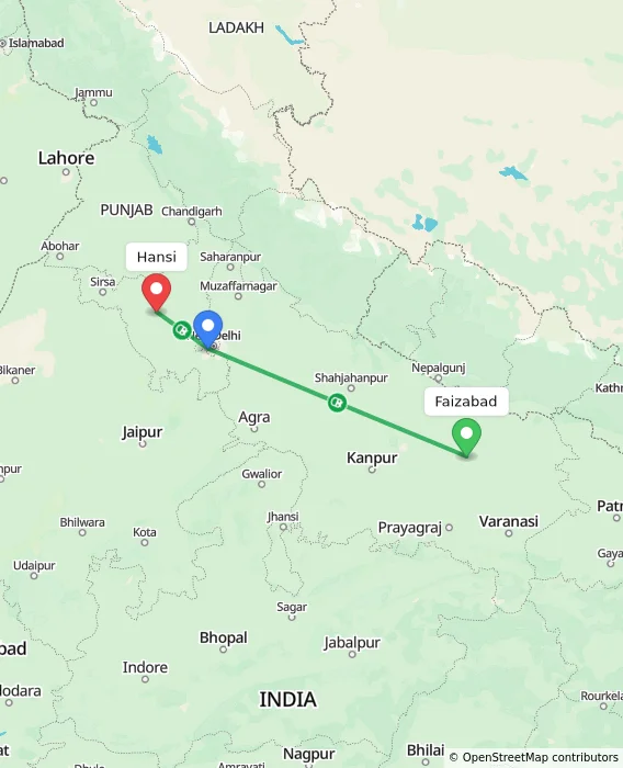 Route map showing distance and travel time from Faizabad, India to Hansi, India