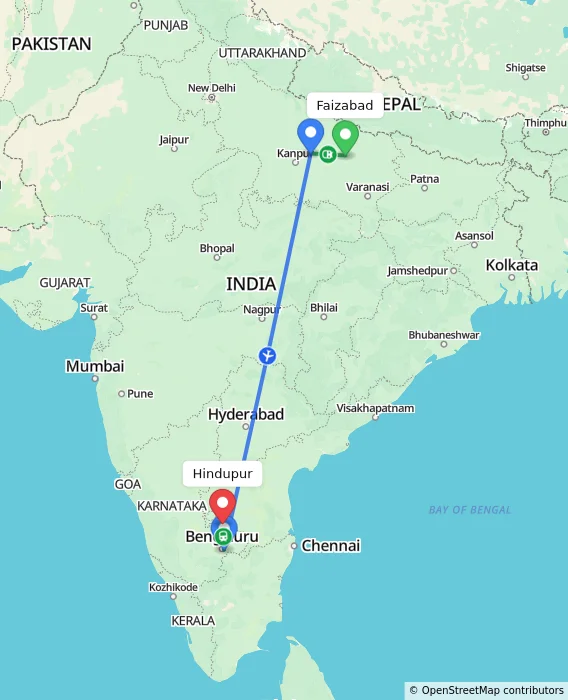 Route map showing distance and travel time from Faizabad, India to Hindupur, India