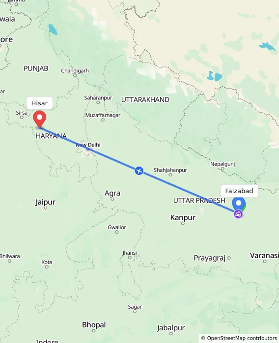 Route map showing distance and travel time from Faizabad, India to Hisar, India