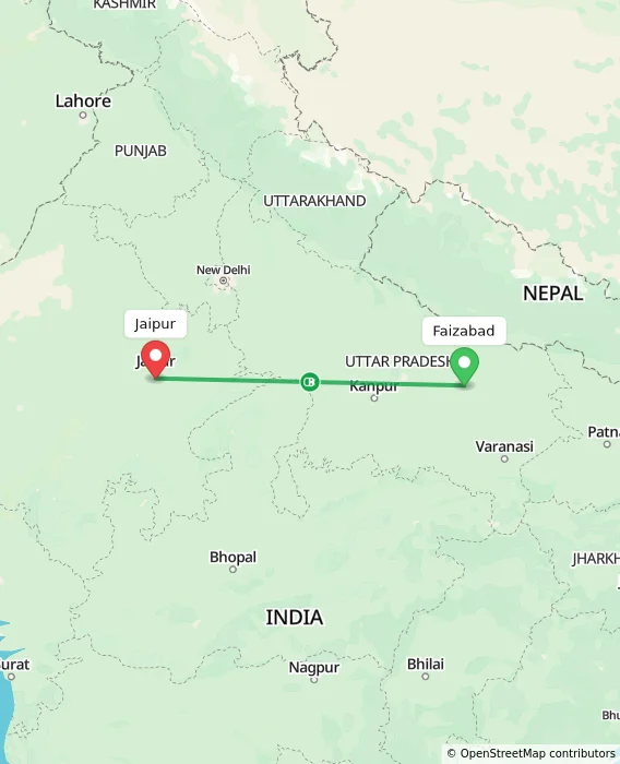 Route map showing distance and travel time from Faizabad, India to Jaipur, India