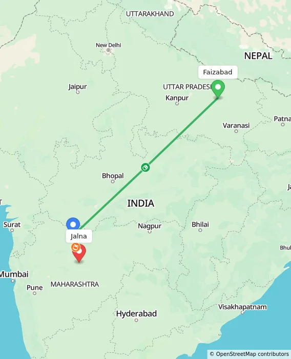 Route map showing distance and travel time from Faizabad, India to Jalna, India