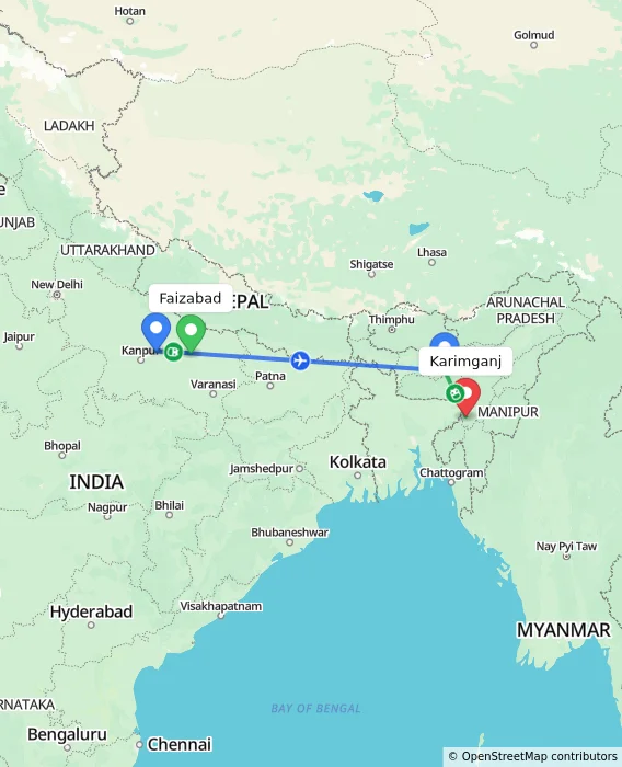 Route map showing distance and travel time from Faizabad, India to Karimganj, India