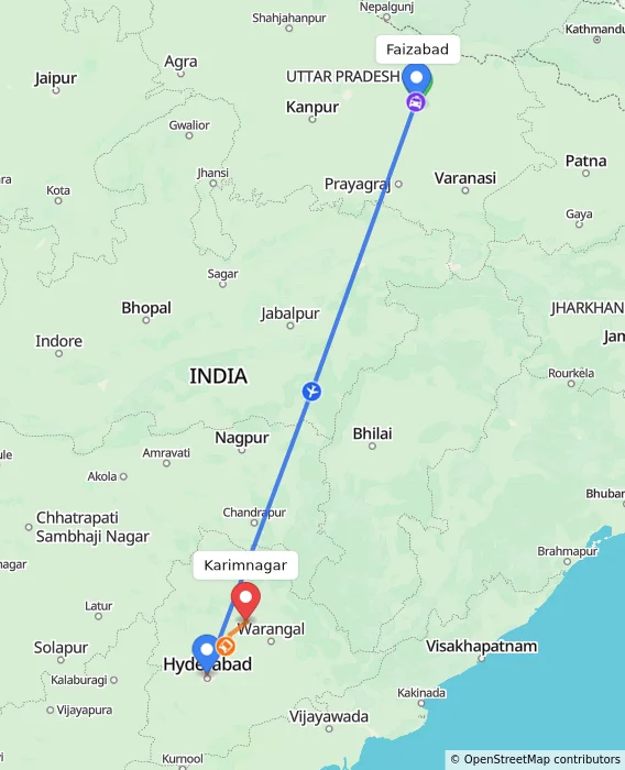 Route map showing distance and travel time from Faizabad, India to Karimnagar, India