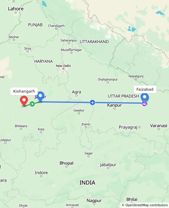 Route map showing distance and travel time from Faizabad, India to Kishangarh, India
