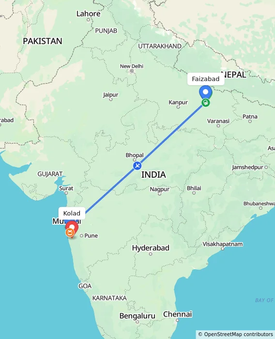 Route map showing distance and travel time from Faizabad, India to Kolad, India