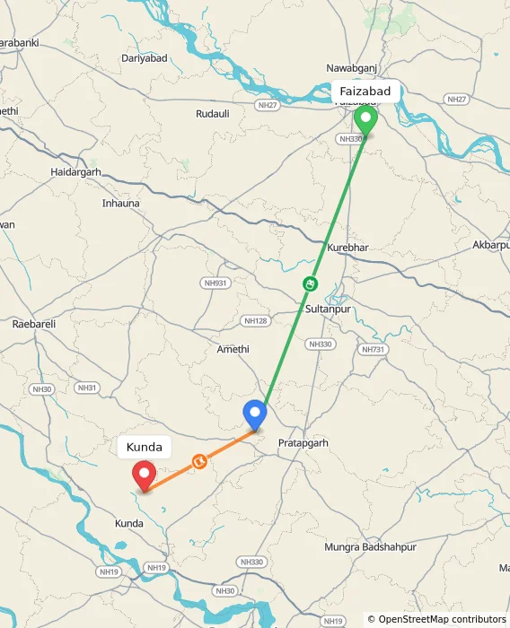 Route map showing distance and travel time from Faizabad, India to Kunda, India
