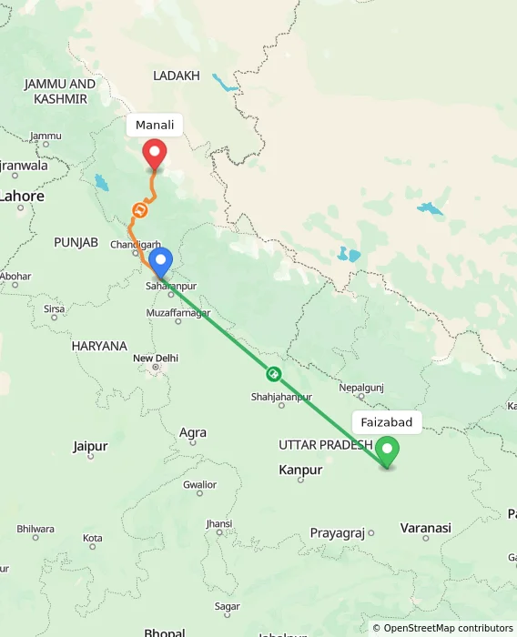 Route map showing distance and travel time from Faizabad, India to Manali, India