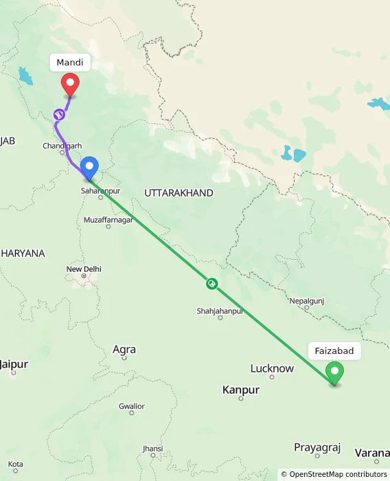 Route map showing distance and travel time from Faizabad, India to Mandi, India