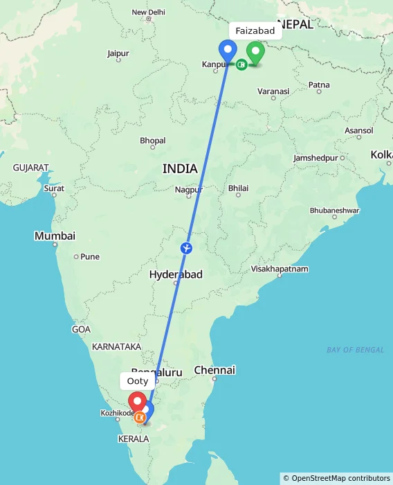 Route map showing distance and travel time from Faizabad, India to Ooty, India