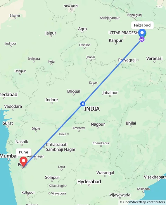 Route map showing distance and travel time from Faizabad, India to Pune, India