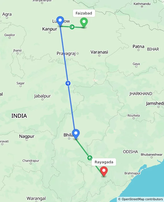 Route map showing distance and travel time from Faizabad, India to Rayagada, India