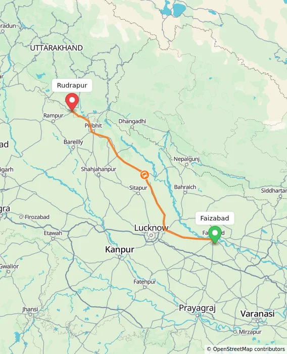 Route map showing distance and travel time from Faizabad, India to Rudrapur, India