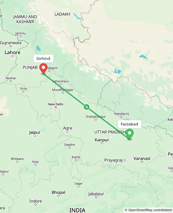 Route map showing distance and travel time from Faizabad, India to Sirhind, India
