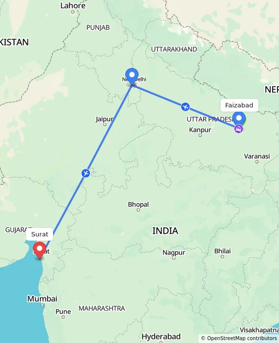 Route map showing distance and travel time from Faizabad, India to Surat, India