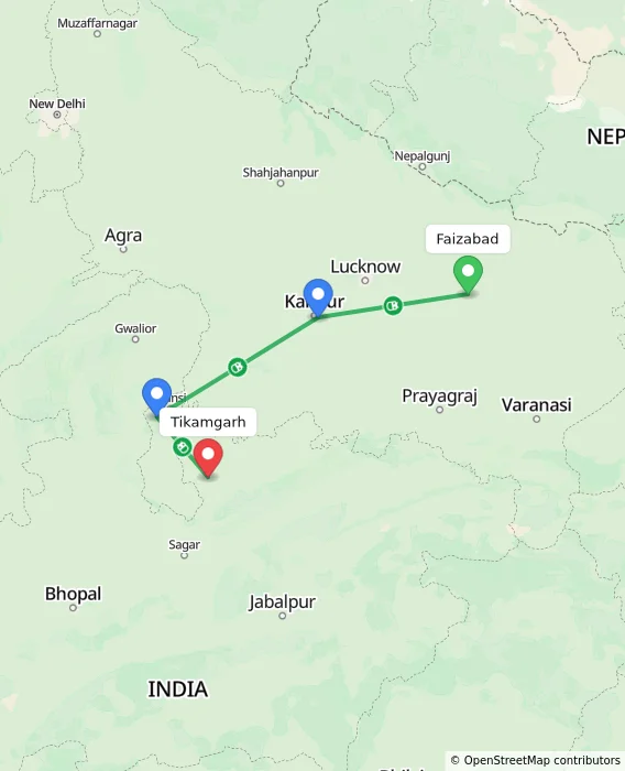 Route map showing distance and travel time from Faizabad, India to Tikamgarh, India