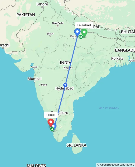 Route map showing distance and travel time from Faizabad, India to TIRUR, India