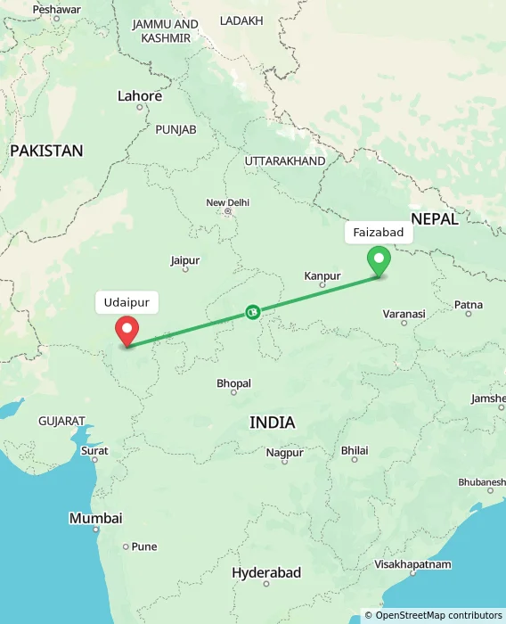 Route map showing distance and travel time from Faizabad, India to Udaipur, India