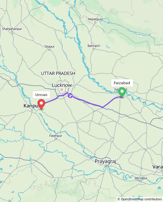 Route map showing distance and travel time from Faizabad, India to Unnao, India