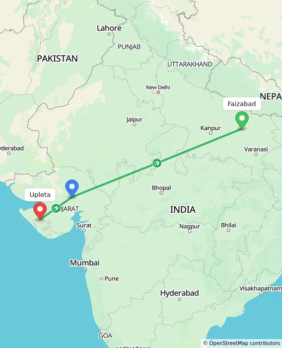 Route map showing distance and travel time from Faizabad, India to Upleta, India