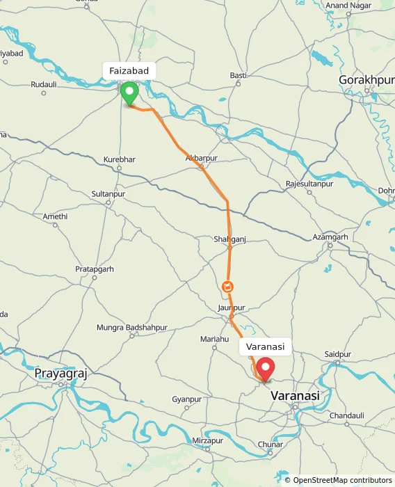 Route map showing distance and travel time from Faizabad, India to Varanasi, India