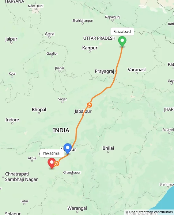 Route map showing distance and travel time from Faizabad, India to Yavatmal, India
