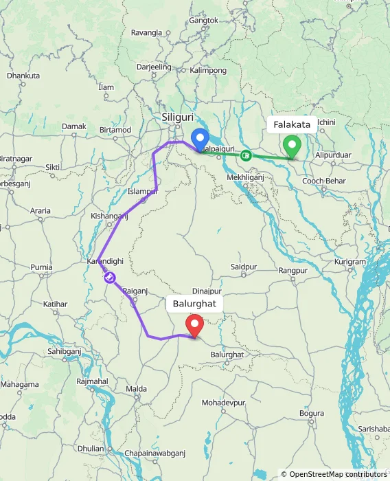 Route map showing distance and travel time from Falakata, India to Balurghat, India