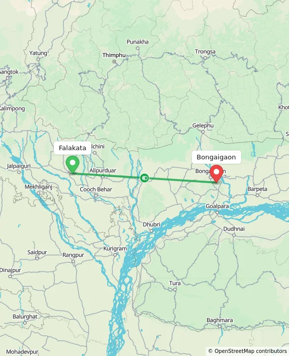 Route map showing distance and travel time from Falakata, India to Bongaigaon, India