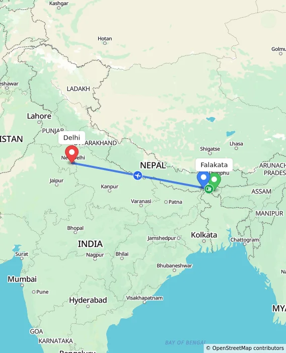 Route map showing distance and travel time from Falakata, India to Delhi, India