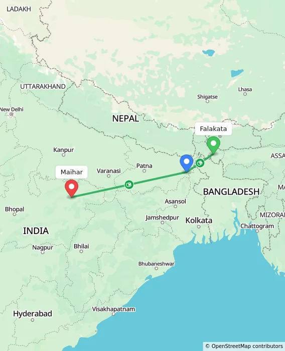 Route map showing distance and travel time from Falakata, India to Maihar, India