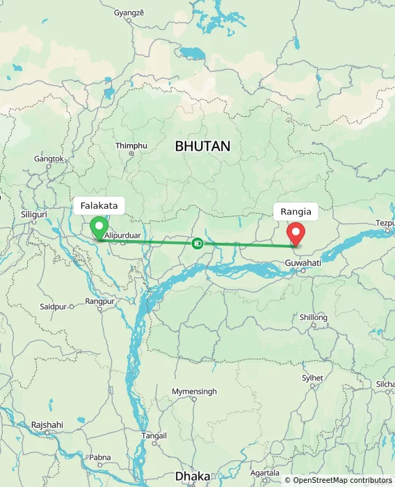 Route map showing distance and travel time from Falakata, India to Rangia, India