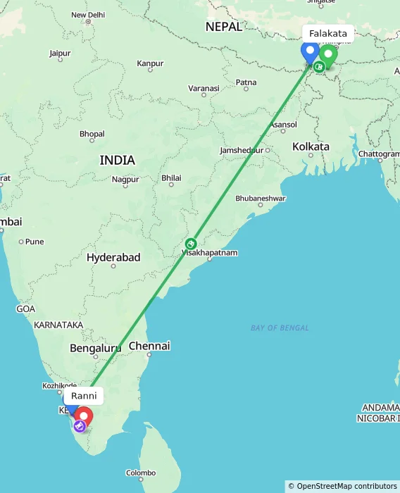 Route map showing distance and travel time from Falakata, India to Ranni, India