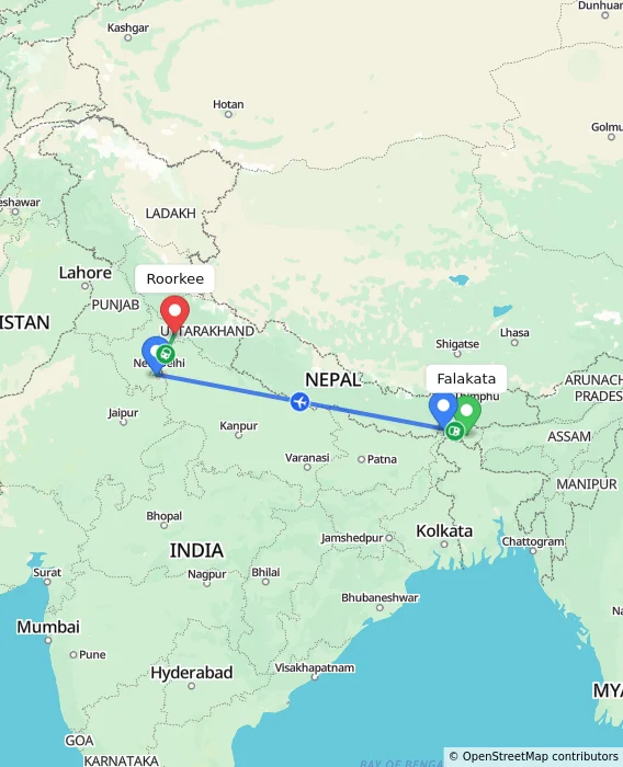 Route map showing distance and travel time from Falakata, India to Roorkee, India