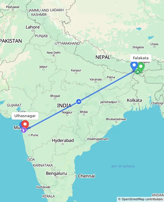 Route map showing distance and travel time from Falakata, India to Ulhasnagar, India