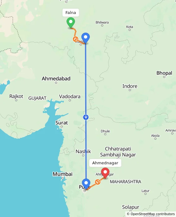 Route map showing distance and travel time from Falna, India to Ahmednagar, India