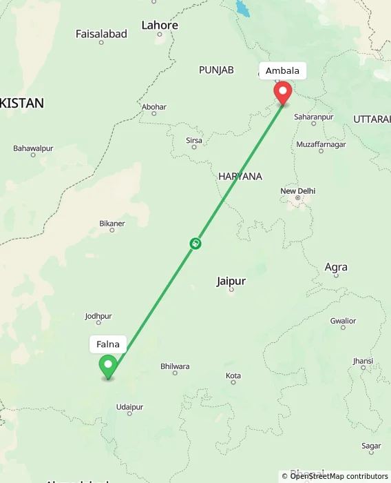 Route map showing distance and travel time from Falna, India to Ambala, India