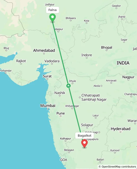 Route map showing distance and travel time from Falna, India to Bagalkot, India
